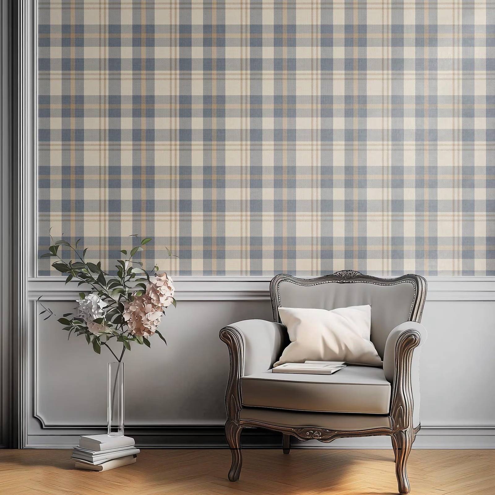 Interior Design Scandinavian - Wallpaper Kotak-kotak Biru Netral dan Beige,