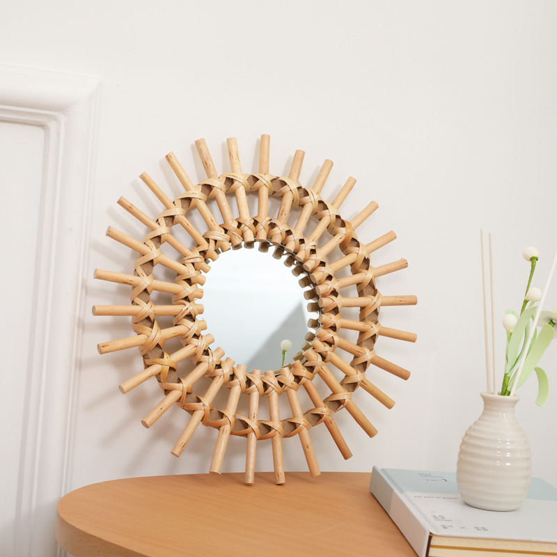 Rattan Mirror Round - Cermin Dinding Rotan Boho, Seni Dinding