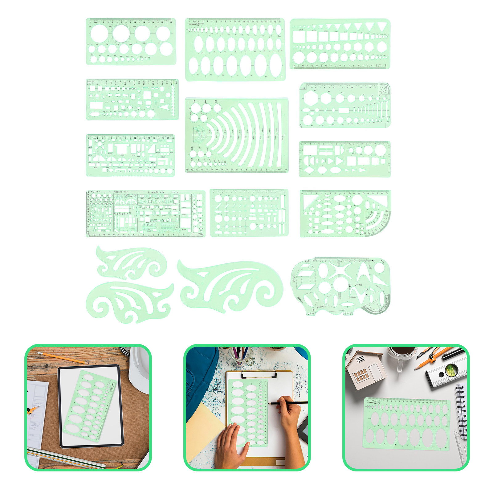 Engineering And Interior Design - 15Pcs Set Template Gambar Geometris, Penggaris