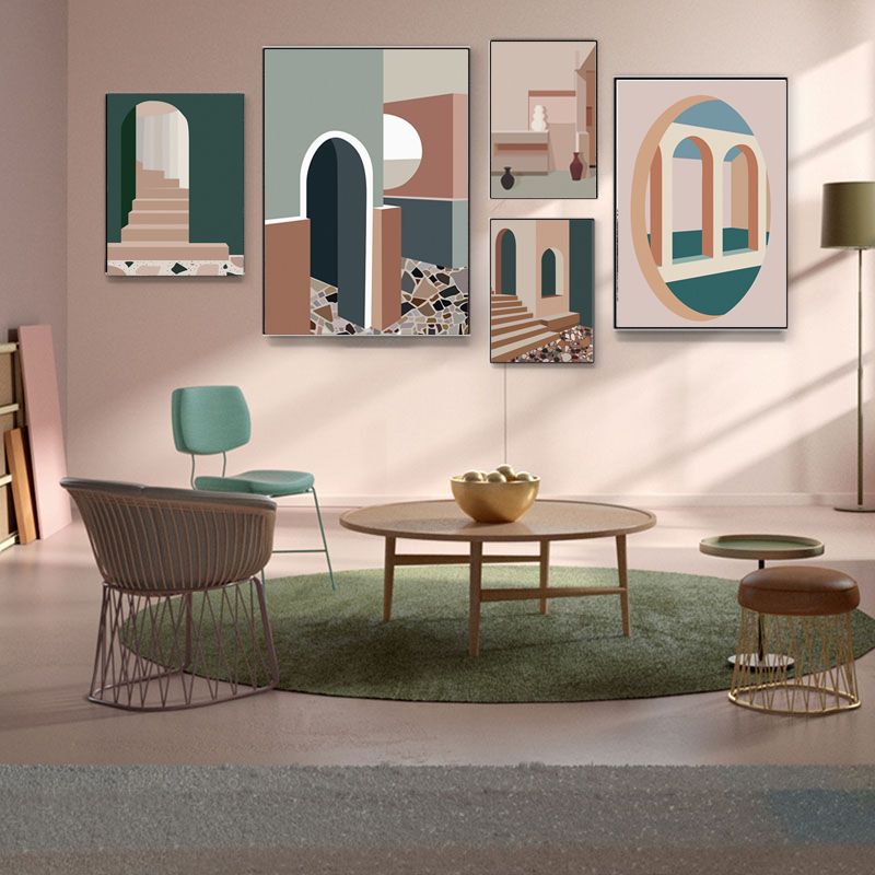 Interior Design And Build - Retro Morandi bangunan kanvas seni Anime